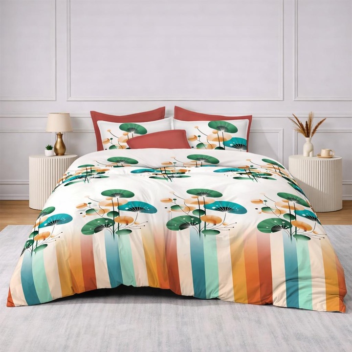 Set Lenjerie de pat dublu, 2 persoane, Pucioasa, Bumbac, Finet, 6 Piese, Cearceaf de pat cu elastic 180x 200 cm, Cearceaf pilota 200 x 230 cm, 2 fete de perna 70 x 70 cm, 2 fete de perna 50 x 70 cm