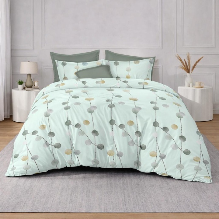 Set Lenjerie de pat dublu, 2 persoane, Pucioasa, Bumbac, Finet, 6 Piese, Cearceaf de pat cu elastic 180x 200 cm, Cearceaf pilota 200 x 230 cm, 2 fete de perna 70 x 70 cm, 2 fete de perna 50 x 70 cm