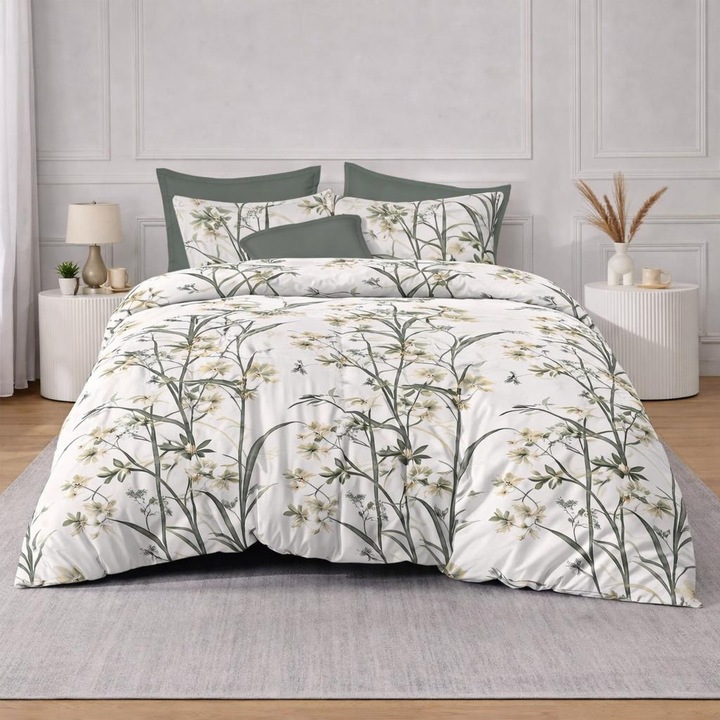 Set Lenjerie de pat dublu, 2 persoane, Pucioasa, Bumbac, Finet, 6 Piese, Cearceaf de pat cu elastic 180x 200 cm, Cearceaf pilota 200 x 230 cm, 2 fete de perna 70 x 70 cm, 2 fete de perna 50 x 70 cm