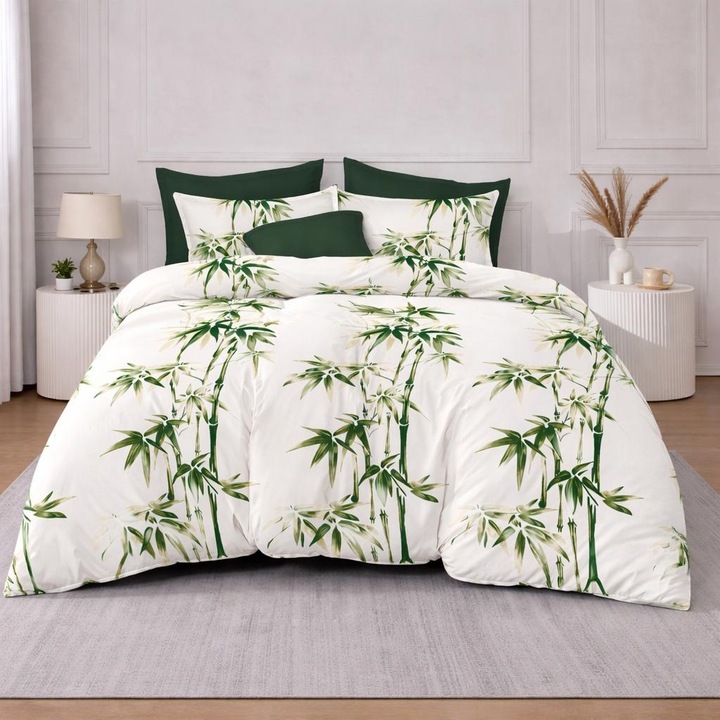 Set Lenjerie de pat dublu, 2 persoane, Pucioasa, Bumbac, Finet, 6 Piese, Cearceaf de pat cu elastic 180x 200 cm, Cearceaf pilota 200 x 230 cm, 2 fete de perna 70 x 70 cm, 2 fete de perna 50 x 70 cm