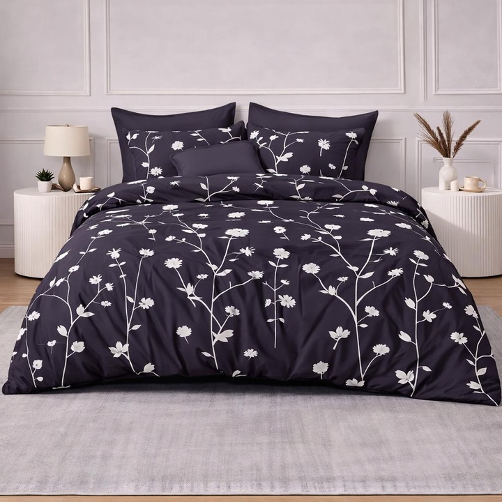 Set Lenjerie de pat dublu, 2 persoane, Pucioasa, Bumbac, Finet, 6 Piese, Cearceaf de pat cu elastic 180x 200 cm, Cearceaf pilota 200 x 230 cm, 2 fete de perna 70 x 70 cm, 2 fete de perna 50 x 70 cm