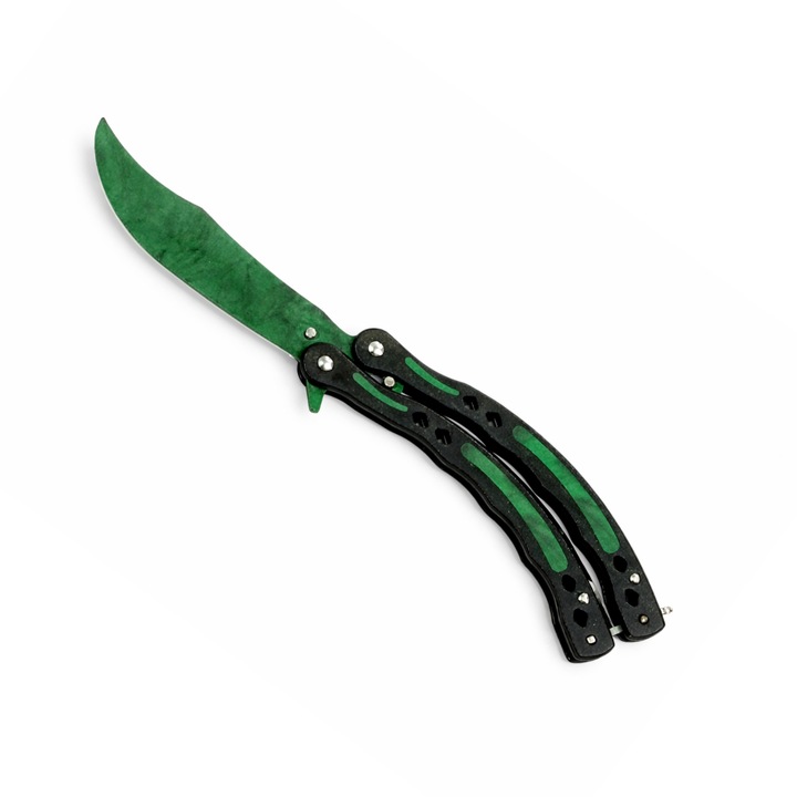 Cutit Fluture de Antrenament, Lama Fara Tais, Metalic, Verde-Negru, Anti-Alunecare, Ideal Trickuri si Incepatori 23 cm, Dalimag