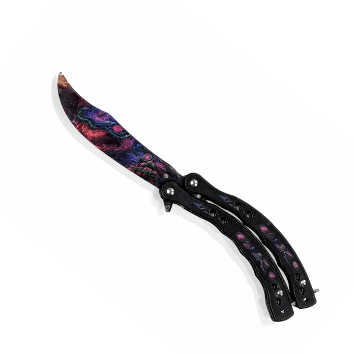 Cutit tip Balisong Sistem Fluture cu Design Galaxy Mov, Lama Decorativa Negru, Maner Metalic Galben, Ideal Colectie si Antrenament, 23 cm, Dalimag