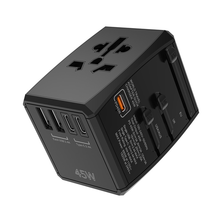 Adaptor Priza Universal International de Calatorie, GaN 45W,1 PD 45W Type-C+2 USB+2 Type-C, pentru US, UK, EU AU, CN. Negru