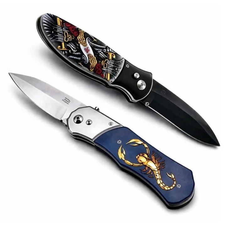 Set de doua cutite automate, DEPOX®, design compact, 24 cm, husa inclusa, bleumarin/multicolor