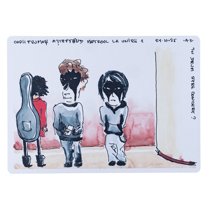 Carte Postala Bucuresti, Metrou Piata Unirii, Ilustratie Originala Acuarela, Carton Alb, 10x15 cm