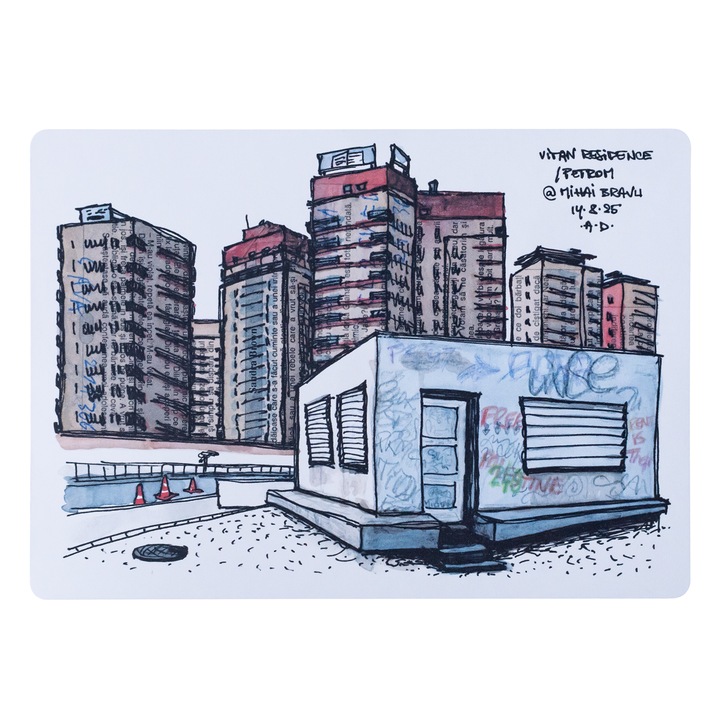 Carte Postala Bucuresti, Vitan, Ilustratie Originala Acuarela, Colaj, Carton Alb, 10x15 cm