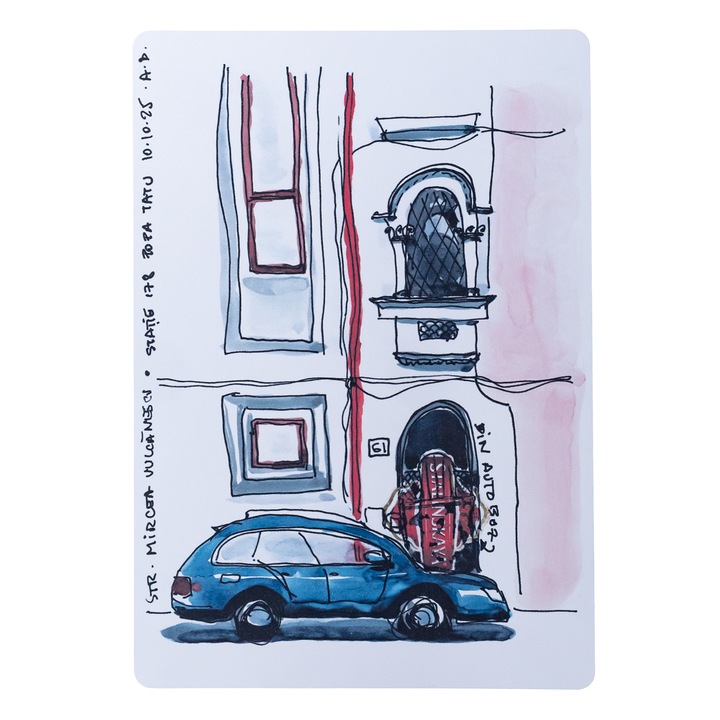 Carte Postala Bucuresti, Arhitectura Strada Mircea Vulcanescu, Ilustratie Originala Acuarela, Colaj, Carton Alb, 10x15 cm