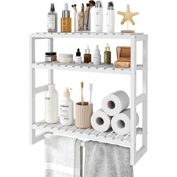 Raft pentru baie Bamworld, 3 nivele, ajustabil, Alb, 43x15x43cm