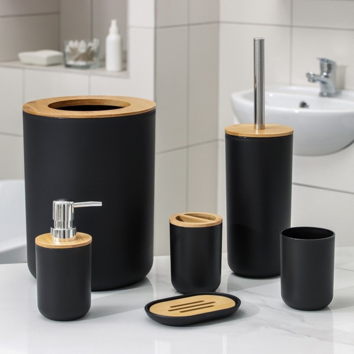 Elegáns fürdőszobai szett, Avex, 6 darabos, ABS és fa, fekete/barna