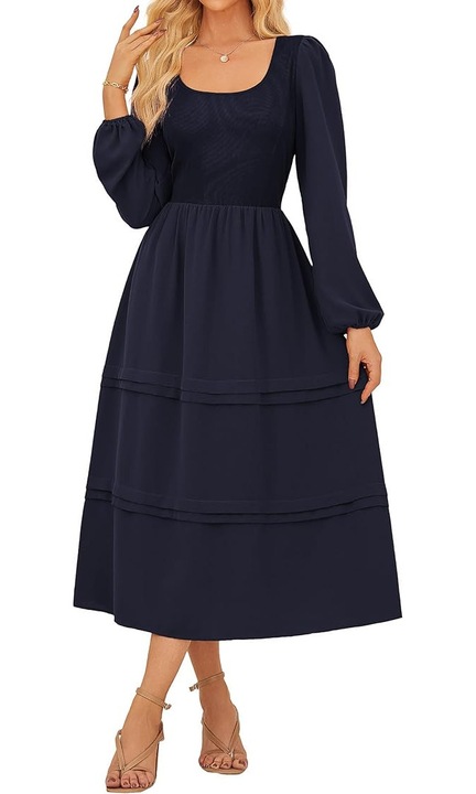 Rochie casual, peste genunchi, maneci lungi, albastra M