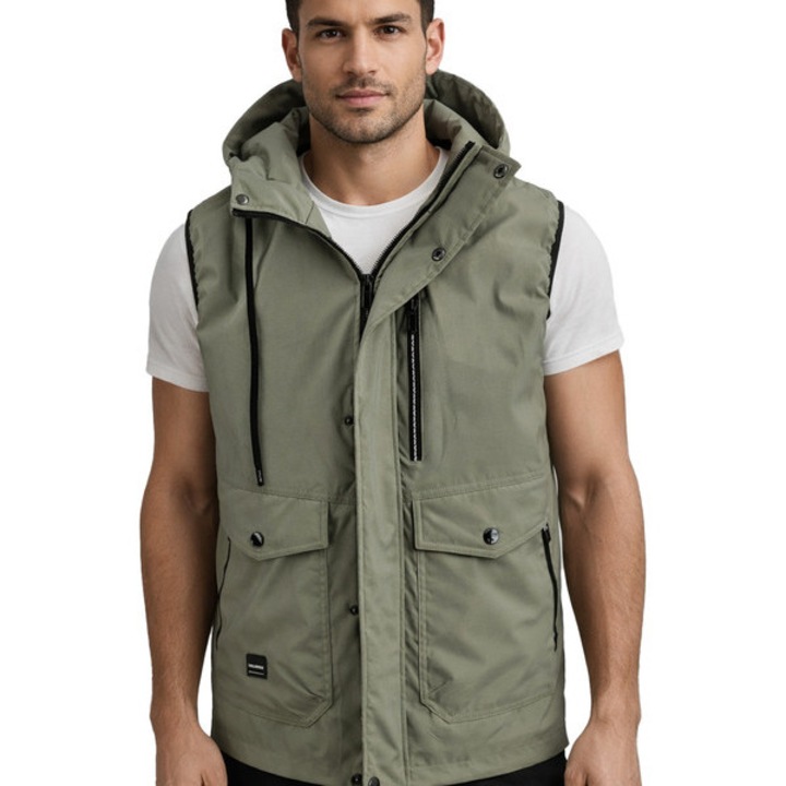 Vesta matlasata barbati cu gluga, croiala regular fit, culoare verde oliv, inchidere cu fermoar si capse, buzunare multiple, material 100% poliester, stil casual-sport, ideala pentru sezonul de tranzitie – Agrafka XL