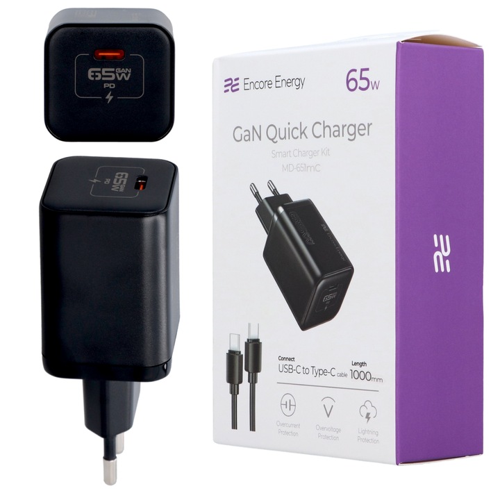 Incarcator retea 65W, USB Typ-C, QC 4, PPS, PD 3.0, Fast Charge, Cablu de date inclus USB-C 1m, Encore Energy MD-651MC