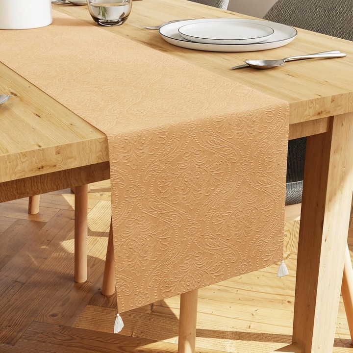 Traversa masa Encasa XO, catifea embossata, 33 x 240 cm, Poliester, culoare Auriu