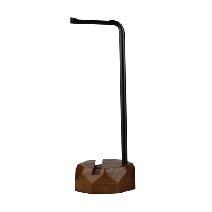 Fejhallgató tartó, fém tartó, multifunkcionális, ORBER, összecsukható talppal, fejpántos fejhallgatókhoz alkalmas, 35 × 11 × 4,6 cm, alumíniumötvözet + tömör fa, barna