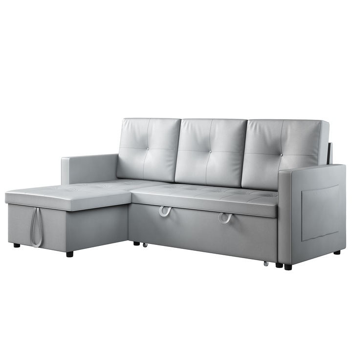 Canapea Extensibila Moderna L, Piele Ecologica Gri Deschis, 3 Locuri + Sezlong, Pat pentru Oaspeti, Design Minimalist cu Depozitare Integrata