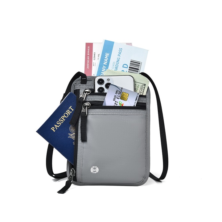 Husa Pentru Pasaport, BOMSTOM, Portofel de calatorie pentru gat, Tehnologia de blocare RFID, Sigur si usor, Spatiu pentru bilet de avion, carti de vizita, carti de credit, Unisex, Gri