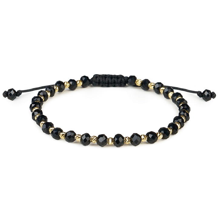 Bratara cu bile Aur 14 K "585" si cristale negre, reglabila
