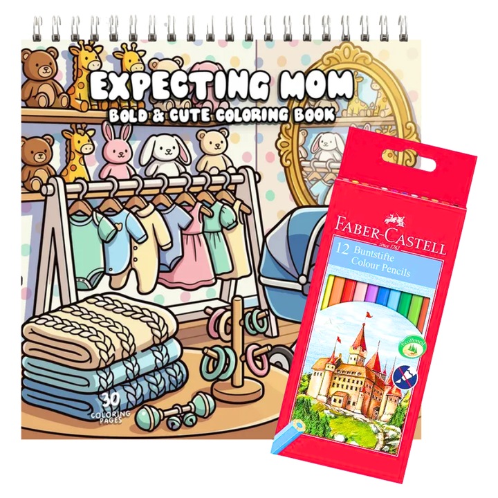 Carte de Colorat pentru Adulti Expecting Mom – Antistres, 30 Pagini Carton 160 gsm + 12 Creioane Faber-Castell
