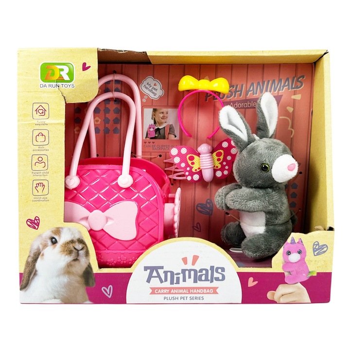 Комплект плюшена играчка и аксесоари Chippo Clip-On Buddies 215082-20 F, 4 части, Сиво зайче с щипки за захващане в ПВЦ Чанта и аксесоари