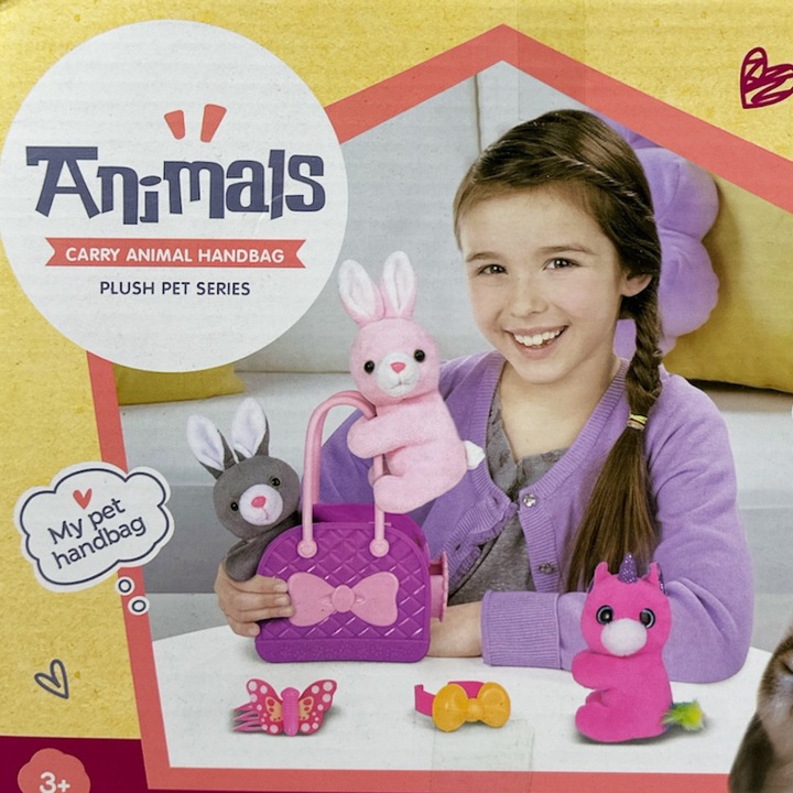 Комплект плюшена играчка и аксесоари Chippo Clip-On Buddies 215082-20 F, 4 части, Сиво зайче с щипки за захващане в ПВЦ Чанта и аксесоари