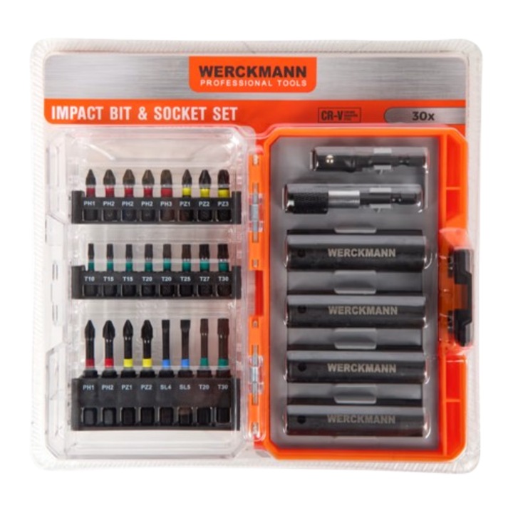 Set biti si adaptoare impact Werckmann, CR-V, 30 piese, Impact Bit & Socket Set
