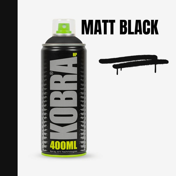 Spray graffiti acrilic profesional, Kobra HP, uscare rapida, 400 ml, MATT BLACK