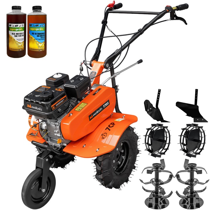Motosapa Evotools T705, motor 7 CP, 2+1 viteze, latime lucru 56-84 cm, freze, roti cauciuc 4.00-8, roata frontala, roti metal, plug arat, rarita reglabila, 2l ulei