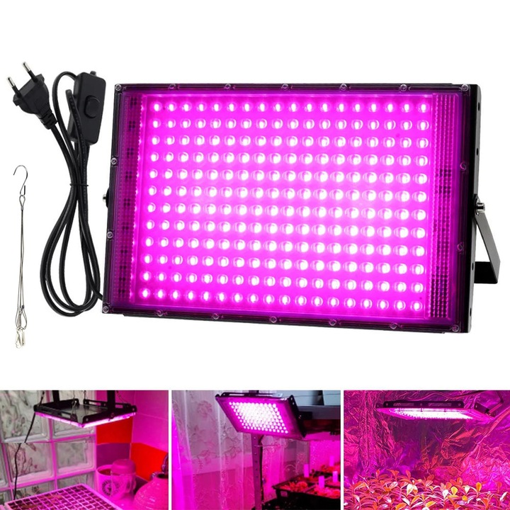 Lumina de crestere LED, asskanaer, Lampa UV full spectrum pentru cresterea plantelor, 96 LED-uri, Lumina roz(1200K), 10000 lm, 100 W, 165-265 V, IP65, Pentru interior, flori/legume/ierburi, Fier, 25*13*2.5 cm, Negru