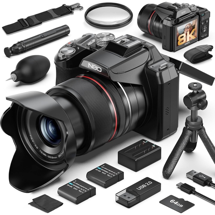 NBD® Digitális fényképezőgép, 8K, 64MP, 16X Optikai Zoom, 180°-ban elforgatható kijelző, 2 akkumulátor, Fekete