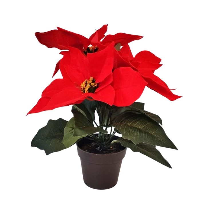 Planta artificiala Craciunita 28 cm, cu petale rosii textile cu textura catifelata si frunze verzi, in ghiveci negru