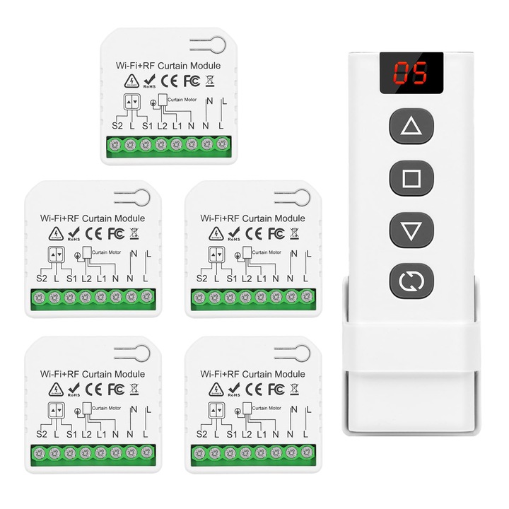 Intrerupator smart rulouri DieseRC, control WiFi + RF, telecomanda 5 canale, compatibil Alexa/Google Home, 45 x 45 x 16 mm, Alb