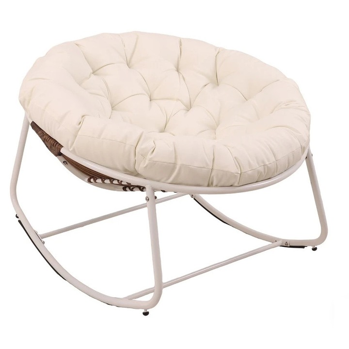 Scaun Gradina, TOPSCAUNE®, Scaun Balansoar Tip Ou Din Ratan PE Cu Perna Captusita, Scaun Gradina Cu Cadru Metalic Si Design Ergonomic, Sezlong Tip Ou Pentru Interior Si Exterior, Balansare Lina, Structura Solida, Confort Sporit, Bej