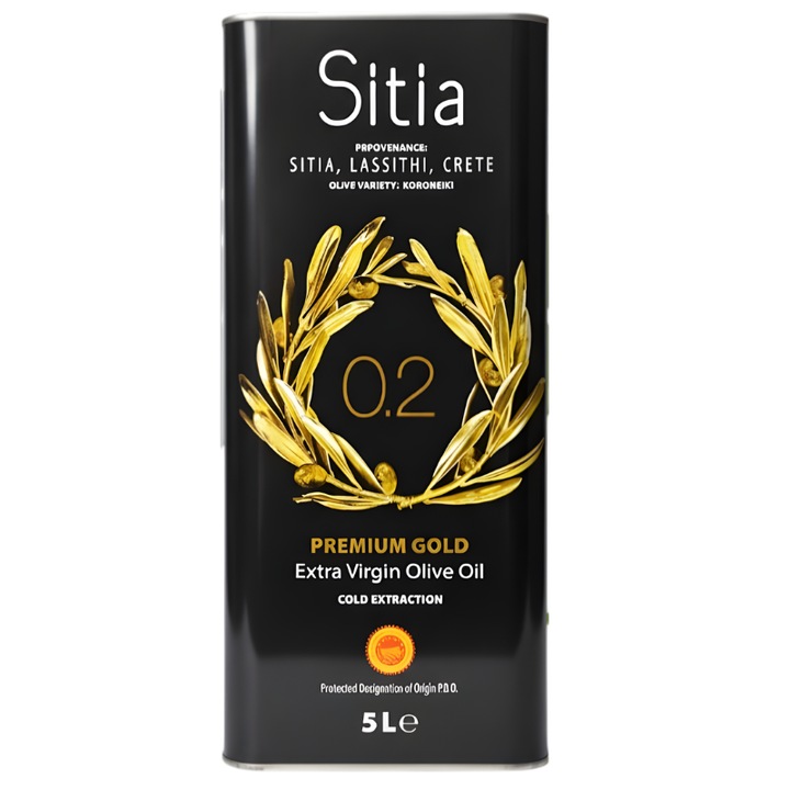 Ulei de măsline extra virgin Sitia, gust fructat intens, 0.2% aciditate, 5L + sticlă 250ml inclusă
