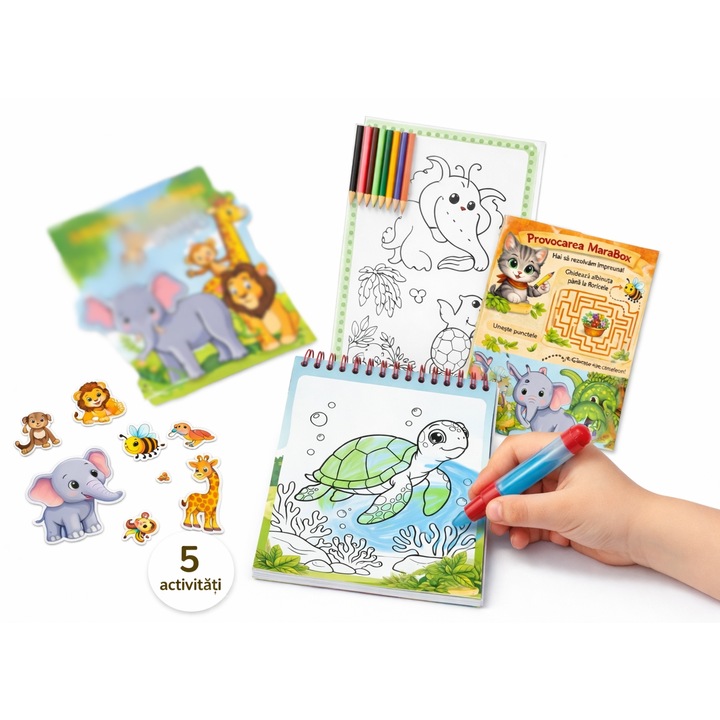 Kit Activitati Calatorie Copii 3-6 Ani, Fara Ecrane, Carte Magica Apa Reutilizabila, Stickere si Album Activitati, Carte colorat, Joc Educativ pentru Masina, Avion si Vacanta, MaraBox