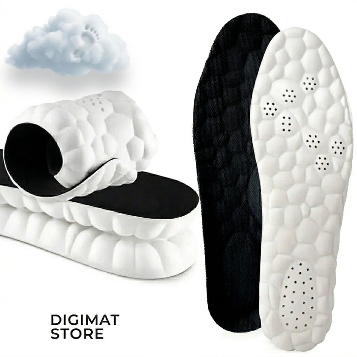 Set 2 Branturi Ortopedice Tehnologie 4D cloud DIGIMAT®, Spuma cu Memorie Premium, Elastic, Sustinere Calcaie, Respirabile, Antibacteriene, Anti miros, Amortizare Socuri, Pentru Barbati si Femei, Pantofi Sport/Casual/Office, Marime 43-44, Alb negru