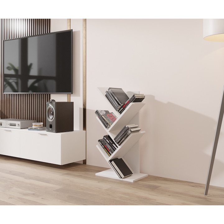 Raft pentru cărți ComfortCove, etajeră tip copac, 5 rafturi, alb, 65x33x18.6cm