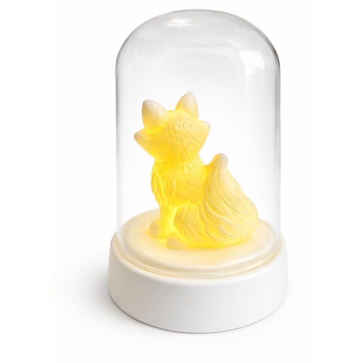 Декоративна LED лампа с лисица в стъклен глобус, топла светлина, елегантен дизайн за спалня или подарък