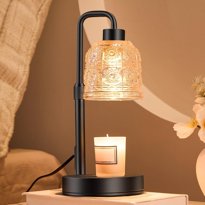 Leccik® gyertyamelegítő lámpa, időzítővel és fényerőszabályzóval, állítható magassággal, illatos viaszolvasztó, modern design, ajándék nőknek, hálószoba dekorációk, fa talp, fekete fém, 16x16x30 cm, 50W