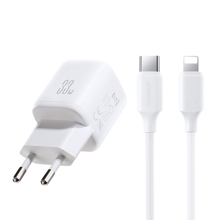 Зарядно за стена Joyroom JR-TG7, 33W, 3A, 1xUSB-C, 1xUSB-A, включен кабел USB-C към Lightning 33W 1м, бял