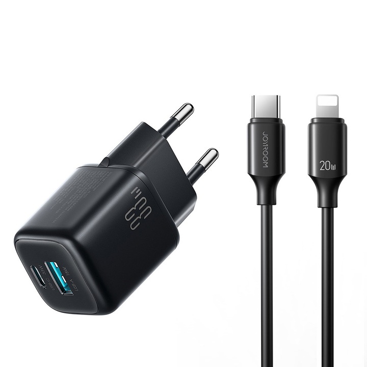 Зарядно за мрежа Joyroom JR-TG7, 33W, 3A, 1xUSB-C, 1xUSB-A, включен кабел USB-C към Lightning 33W 1м, Черно