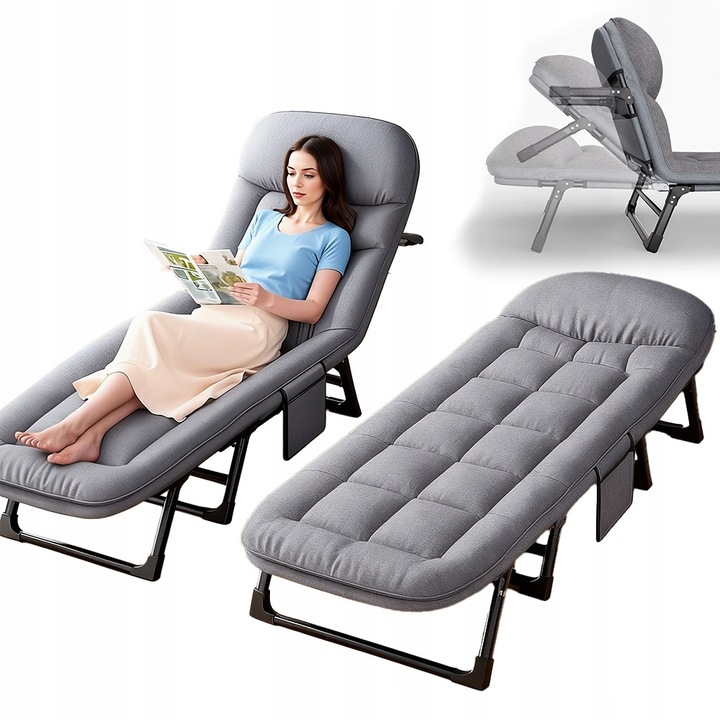 Sezlong de camping pliabil, Leżak Składane Łóżko Turystyczne Kempingowe Polowe Pokrowiec 190*66cm, portabil si confortabil, Sezlong pliant Sersimo, Gri, Sezlong pliabil, Ikonka