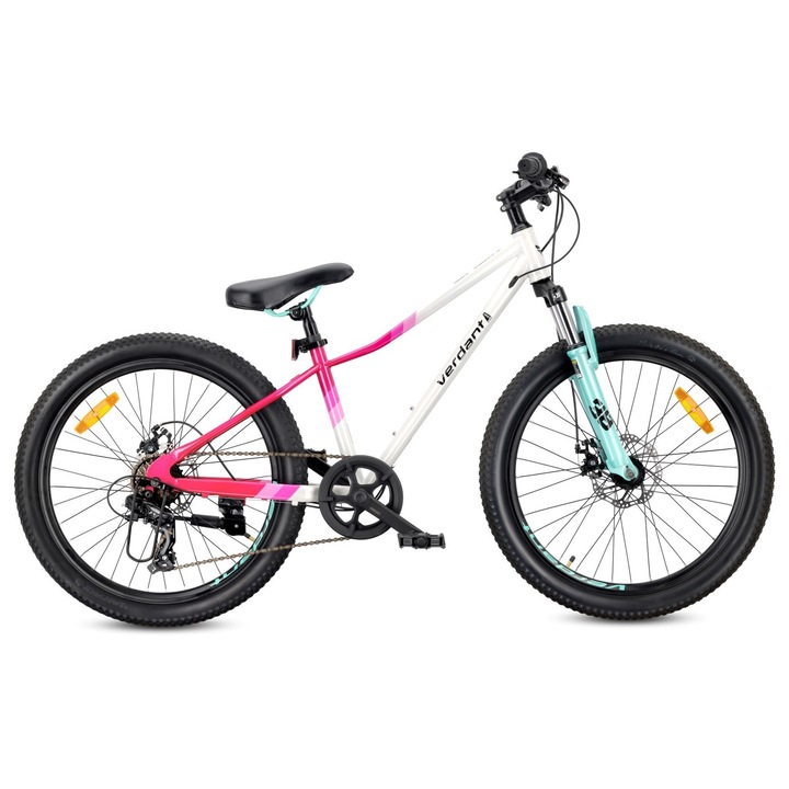 Bicicletă MTB copii 24 inch Sun Baby Verdant Calix, Shimano 7 viteze, frână pe disc, alb roz