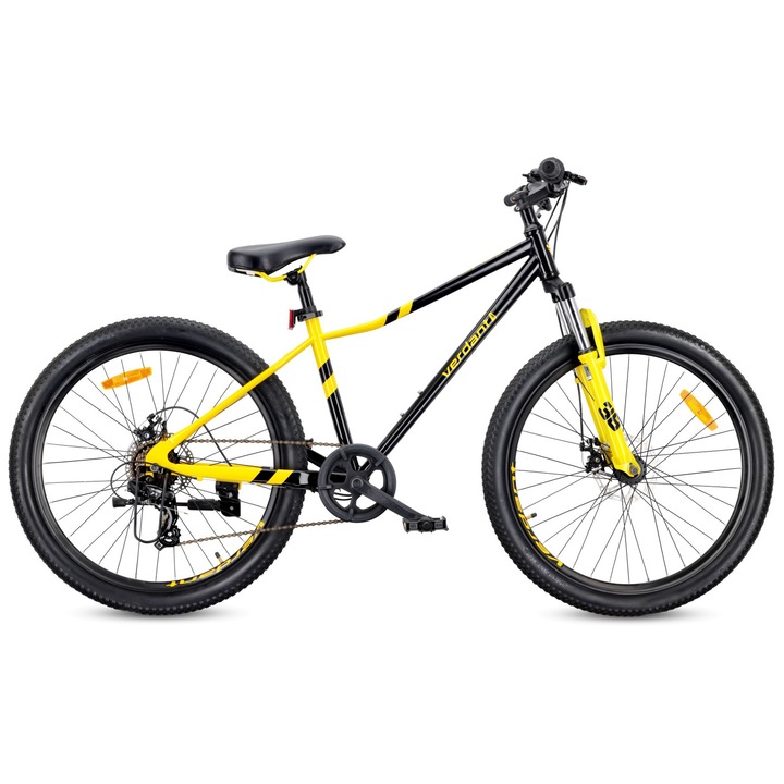Bicicletă MTB copii Sun Baby Verdant Calix 26 inch, 7 viteze, frâne pe disc, negru-galben