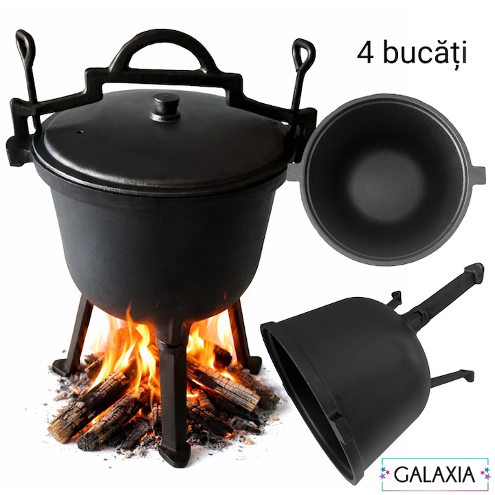 Set 4 oale din fonta, tip vanatoresc, 7L, cu capac, pentru foc de tabara, ideale pentru gatit in aer liber si picnic