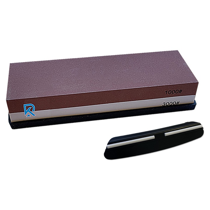 Késélező kő 1000/3000 szemcseméret – kétoldalas kézi késélező, csúszásmentes szilikon tartóval és szögvezetővel
