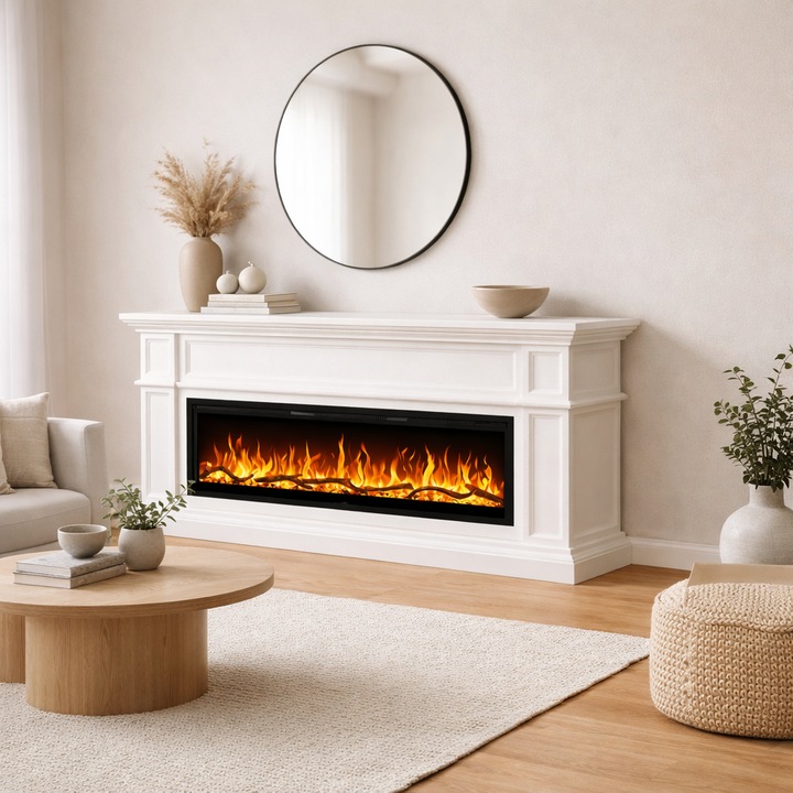 Comoda Artesian alb 180x80x30 cu semineu electric Aflamo Regal 126, sunet incorporat si aplicatie mobila, flacara 3D si teme de culoare