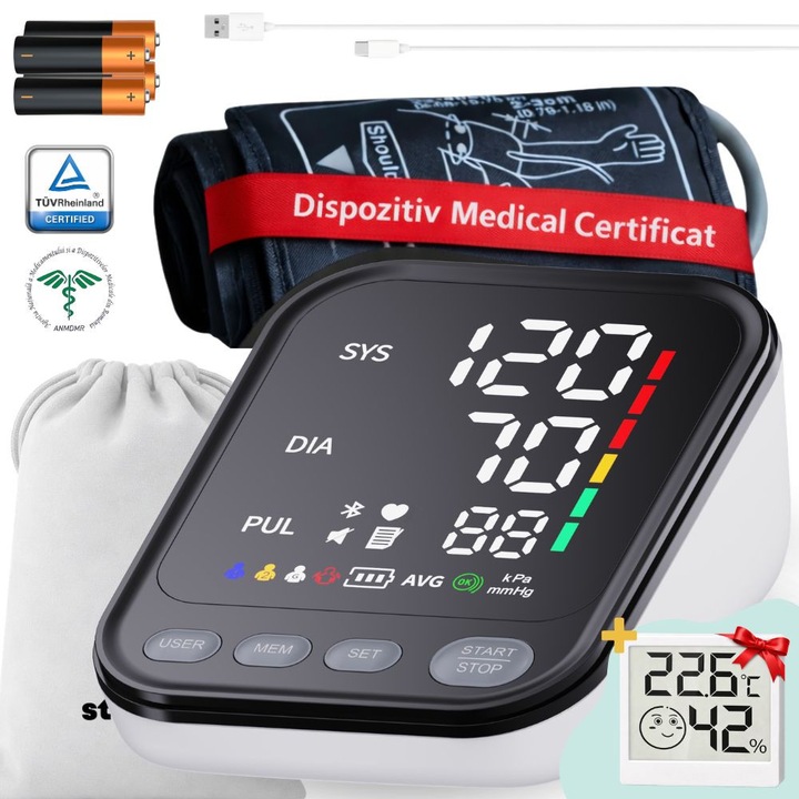 Tensiometru digital de brat STADIS™ 30Y Pro, cu Presurizare Inteligenta, Afisaj LED cu Caractere Mari, Detectare Aritmii, Oscilometric, Manseta Reglabila Mare 22-42 cm, Memorie 2 pers, Baterii, Husa de Protectie, HigroTermometru, Portabil, Validat Clinic