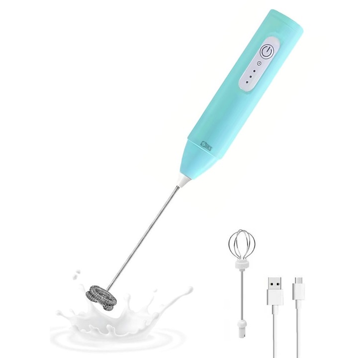 Mixer Spuma De Lapte Electric 2 in 1 SIKS, Spumator Potrivit Pentru Bauturi Calde Reci, Maner Izolat Termic, Capete Otel Inoxidabil, Pentru Latte, Ciocolata Calda, Cappuccino, Frappe, Capat Extra Pentru Oua/Omleta, Incarcare USB, Albastru
