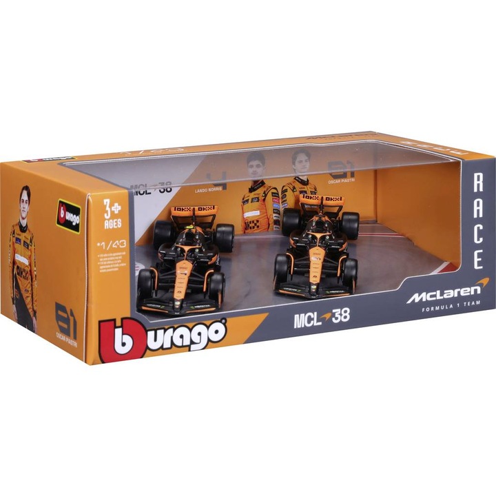Set 2 mașini de curse Bburago F1 McLaren MCL38 '24, 1:43, multicolor, pentru 3 ani+